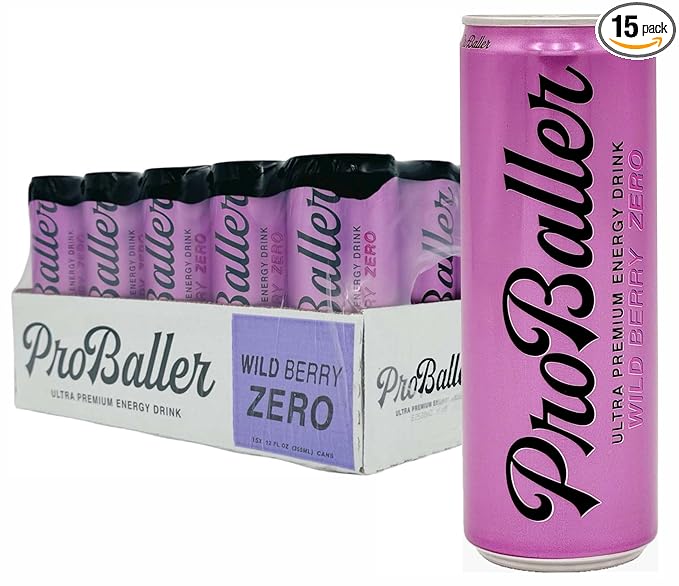 ProBaller Ultra Premium Zero Sugar Energy Drink - Natural & Clean NSF Certified Sport Drink with Amino Acids, Taurine, Biotin, Vitamin B 12 Methylcobalamin, & Electrolytes - 15 Pack - Wild Berry