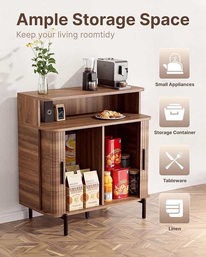 SUNCOZE Fluted Storage Cabinet with Sliding Tambour Doors, Sideboard Buffet Cabinet with Storage, Modern Accent Coffee Bar for Kitchen, Entryway, Living & Dining Room (Walnut)