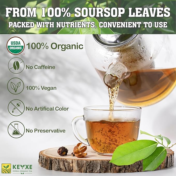 KEYXE - USDA Organic Soursop Graviola Leaves Tea 90 Bags. Non-GMO Verified , 100% Organic Soursop Leaves for Digestion, Boosting Immune, Improving Sleep & Skin Health, Gluten Free, Caffein Free , Hojas De Guanabana Tea Organica, Eco-Conscious Tea Bags