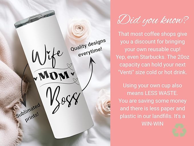 Wife Mom Boss Tumbler - Mother's Day Floral Daisy 20oz with straw and lid - Stainless Steel Tumbler - gift for women - Dishwasher safe