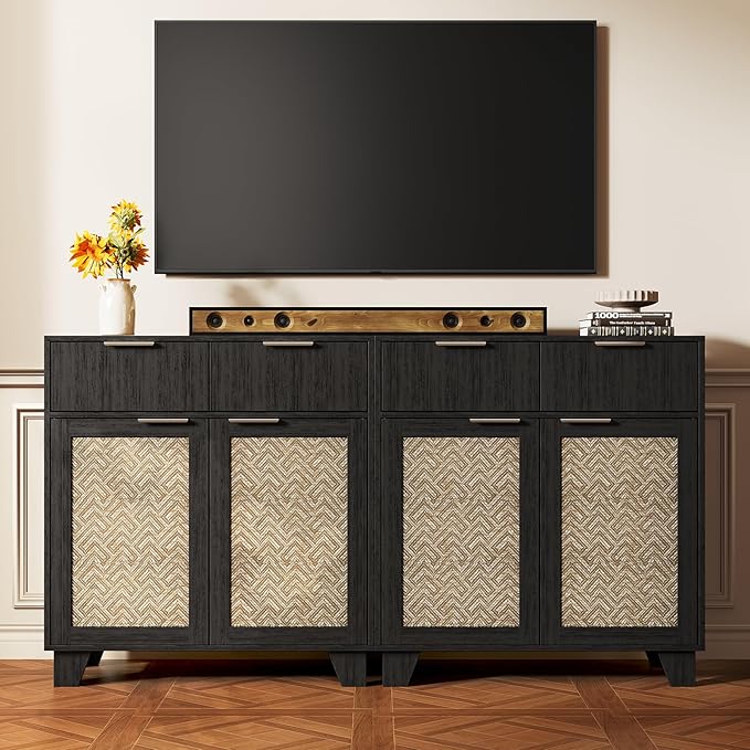 ONBRILL Sideboard Buffet Cabinet with 2 Drawers, Coffee Bar Cabinets with 2 Doors, Boho Farmhouse Accent Credenza Buffet Table Console Cabinet with Adjustable Shelves for Living Room, Entryway, Black