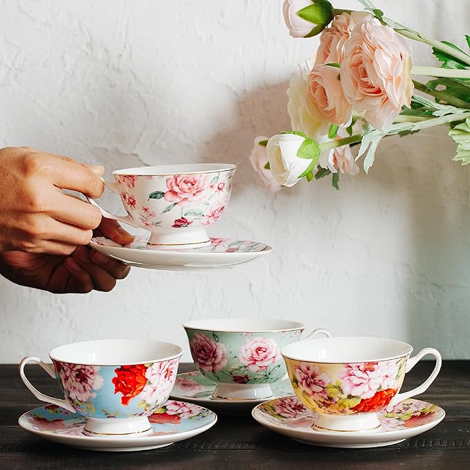 BTaT- Floral Tea Cups and Saucers with Gift Box, 8 oz, Tea Cups Set of 4, Christmas Gifts