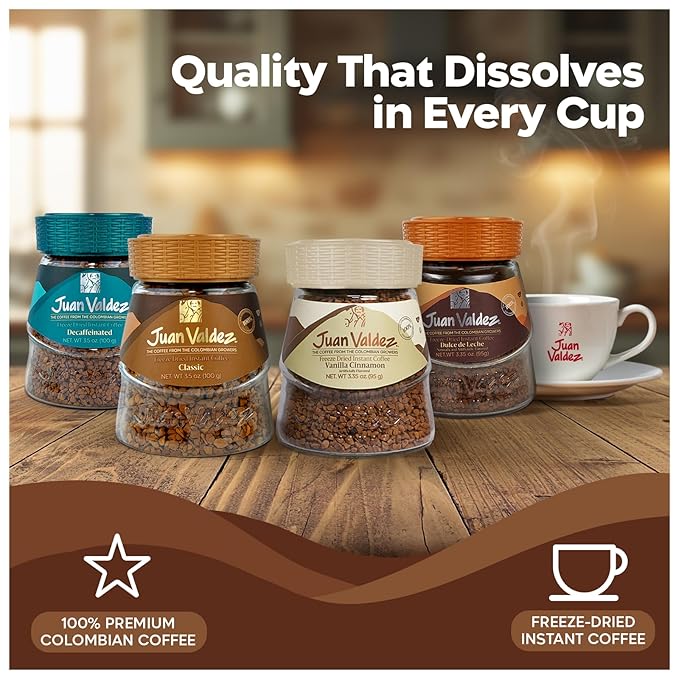 Juan Valdez Freeze-Dried Instant Coffee Bundle - Regular (3.5 oz), Decaf (3.5 oz), Dulce de Leche (3.35 oz) & Vanilla Cinnamon (3.35 oz) | 100% Colombian Arabica Beans | Premium Colombian Coffee