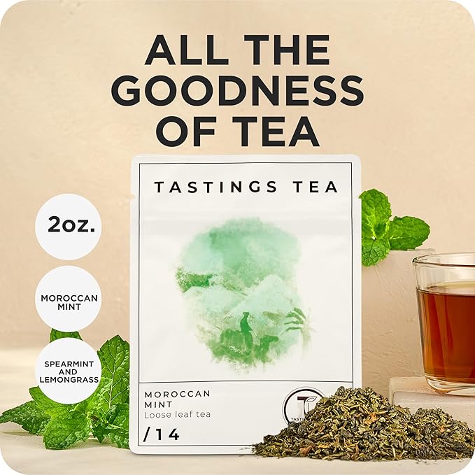 Tastings Tea Moroccan Mint Loose Leaf, 2 oz | Chinese Green Tea & Peppermint Blend | Light Caffeine | Crisp & Refreshing for Natural Digestion | Small Batch & Sustainably Sourced | Resealable Pouch