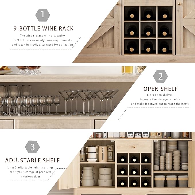 45.7” Wine Cabinet，Farmhouse Home Coffee Bar Sideboard Buffet Cabinet Liquor Storage with 9 Wine Racks & 2 Doors for Kitchen, Living and Dining Room (2, White Oak)