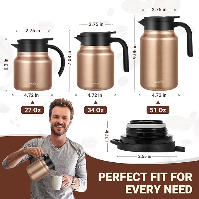 27Oz Thermal Coffee Carafes For Keeping Hot/Cold, Stainless Steel Coffee Carafe, Dustproof Insulated Water Carafe for Party/Home, Copper