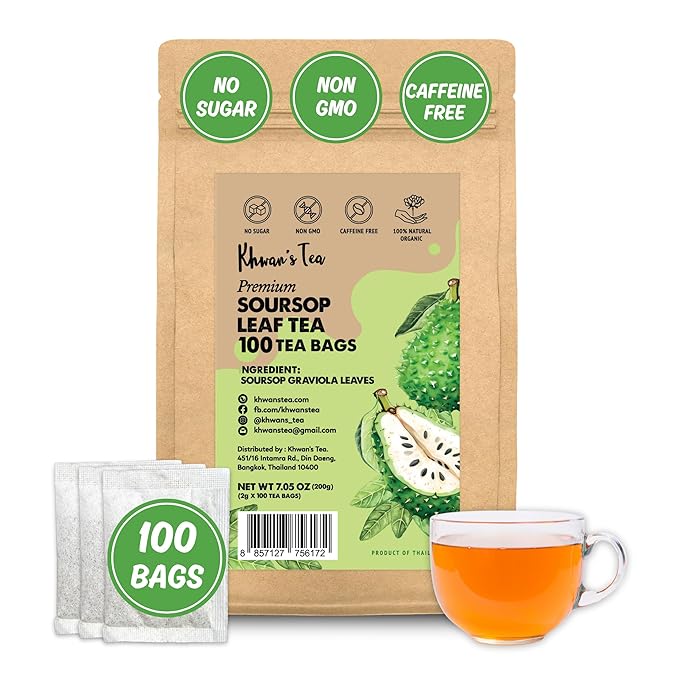 KHWAN’S TEA Premium Soursop Tea Bags, Pure Graviola Leaves, Handpicked Guanabana Leaf Herbal Tea, Caffeine-Free, No Sugar, Gluten-Free, Flavorful & Nutrient-Rich, Soursop Leaves Tea (2g/bag)