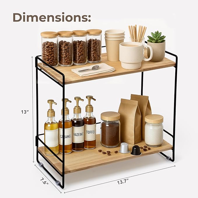 Wooden Coffee Bar Rack – 2-Tier Countertop Organizer with Detachable Back Rails – Minimal Scandinavian Design Storage Shelf for Kitchen, Office, Coffee Station, Bar & Bathroom
