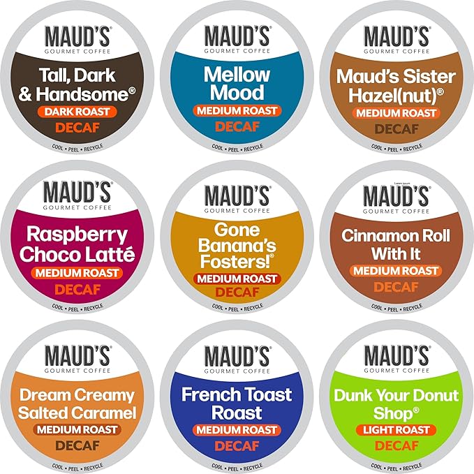 Maud's Decaf Coffee Pods Variety Pack, 80 ct, 9 Assorted Roasts & Flavors, Decaffeinated Medium Roast Coffee in Recyclable Single Serve Pods - 100% Arabica Coffee, Compatible with Keurig K Cups Maker