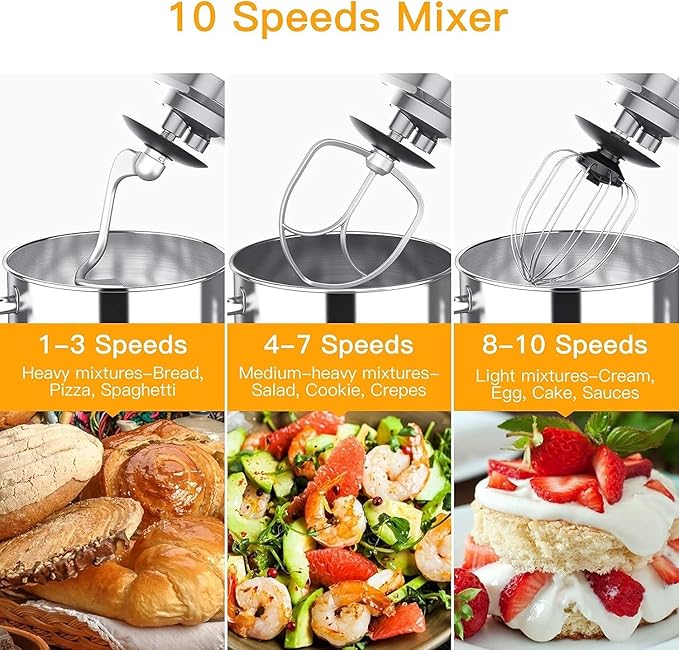 Garvee 7.5 QT Stand Food Mixer, 10-Speed Tilt Head 3 in-1 Kitchen Electric Mixer with Stainless Steel Bowl, Egg Whisk, Dough Hook, Beater, Splash Guard, Compact Dough Mixer for Home Cooks, Silver