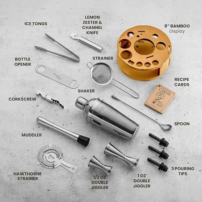 Mixology & Craft Bartender Kit – 15-Piece Cocktail Shaker Set with Bar Tools, Premium Stainless Steel Bar Accessories for Home Bar, Includes Bamboo Stand, Plus Exclusive Recipe Cards (Silver)