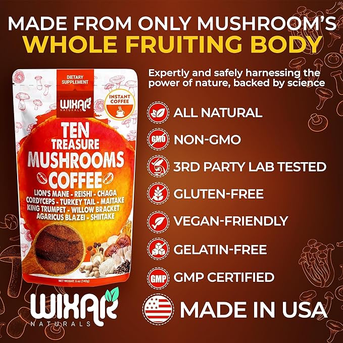 Wixar Mushroom Coffee Blend - Ten Treasure Mushrooms Extract Instant Coffee Powder with Lions Mane, Turkey Tail, Reishi, Chaga, Shiitake, Maitake, Cordyceps, Complex - 5oz Mushroom Supplement