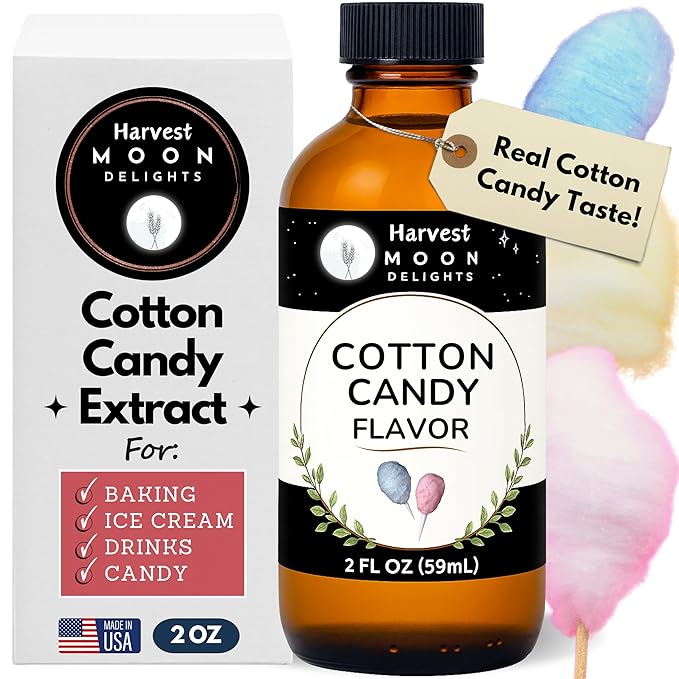 Cotton Candy Flavoring Extract - 2 oz - Water-Soluble - By Harvest Moon Delights - Cotton Candy Extract for Baking, Ice Cream, Drinks, and Candy - Flavor - Sugar Free