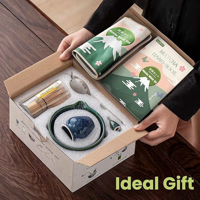 Clay&Fire Matcha Whisk Set，9 Pcs Ceramic Matcha Set, 15 OZ Matcha Bowl with Spout and Whisk for Friend, Ideal Gift for Matcha Lover（Starry）
