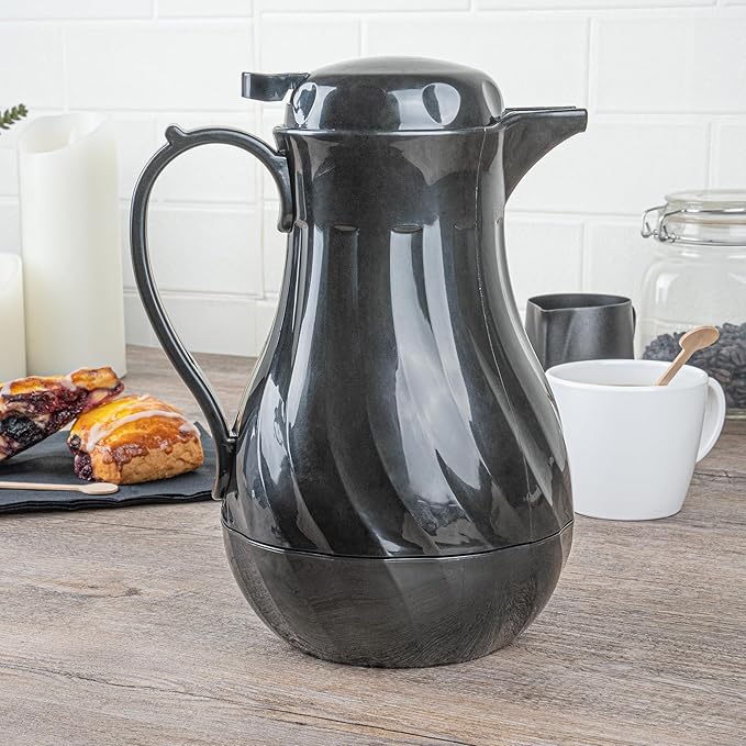 Restaurantware-Restpresso 42 Ounce Coffee Carafe, 1 Insulated Coffee Server - Push-Button Top, Swirl Design, Black Plastic Pitcher, Built-In Handle, With Identification Tags