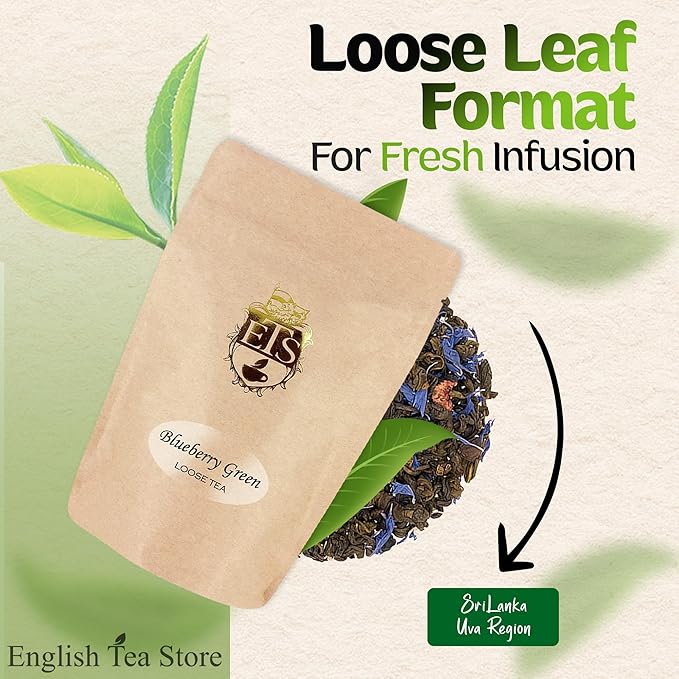 Blueberry Flavored Green Tea | Loose Leaf Gunpowder Tea - 16oz Resealable Pouch | Pekoe Grade | Fruity Sweet Aroma | Great Hot or Iced | Refreshing Berry Blend | Sri Lanka Uva Region