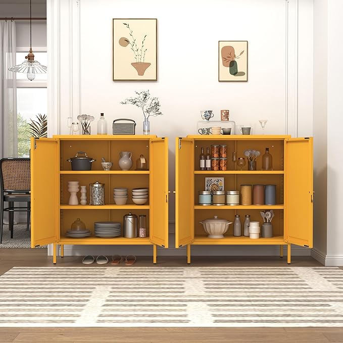 Metal Storage Locker with Djustable Shelves 36" H Lockable Modern Lockers Home Organization Cabinet 2-Door Durable Metal Cabinet for Bedroom Entrance Yellow Size：36" H X 31.5" W X 13.8" D