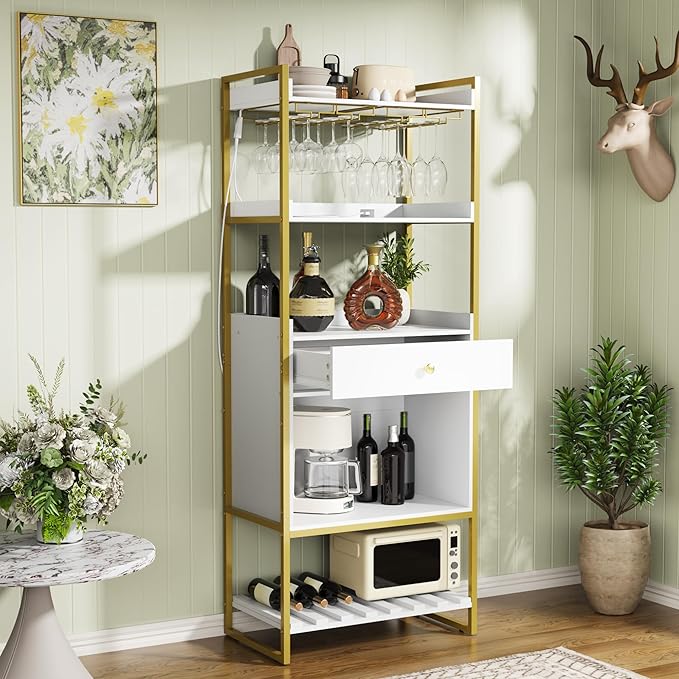 Wine Bar Cabinet with LED Lights, Industrial 67" Tall Coffee Bar with Glass Rack, Liquor Cabinet Wine Rack Storage Metal Wood Sideboard Buffet for Home Dining Living Room, White & Gold