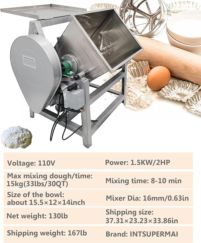 INTSUPERMAI Commercial 15KG Dough Mixer Machine Electric Flour Mixer with 90 Degree Tilt Bowl for Dough Mixing Kneading Capacity 30QT 1500W