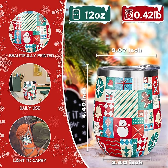 Christmas Wine Tumbler 12 oz Christmas Stainless Steel Wine Glass with Lid and Straw Stemless Double Wall Insulated Wine Cups Keeping Cold & Hot for Holiday Xmas Wedding Party Gifts (puzzle)