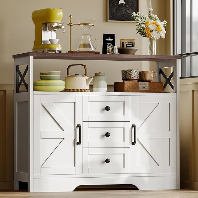 YGEOMER Buffet Cabinet Sideboard Farmhouse Coffee Bar with 3 Drawers and 2 Doors, Wood Kitchen Table Wine Bar Storage Cabinet for Dining Room