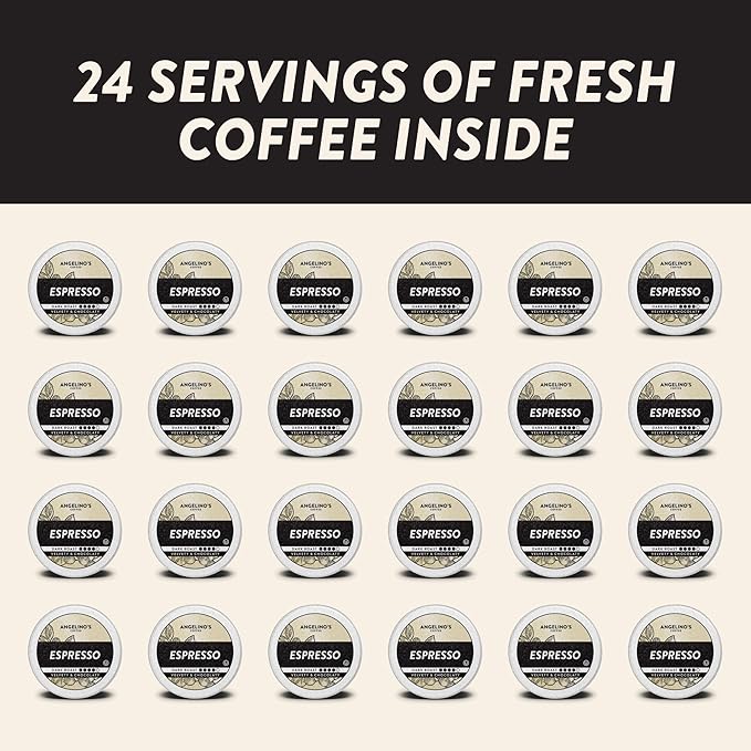 Angelino's Coffee Espresso Pods Made for Keurig Machines - 24 Count, Dark Roast Coffee for Keurig K-Cup Brewers, Cafe Style, Best Strong Espresso Coffee Pods (24 Count, Espresso)