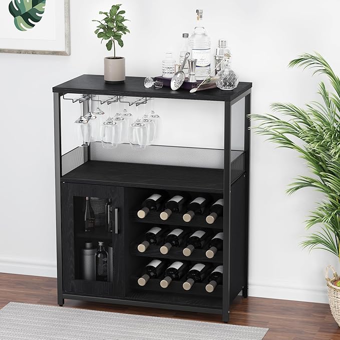 GarveeHome 3-Tier Wine Bar Cabinet with Detachable Wine Rack, Liquor Cabinet with Storage, Coffee Bar Cabinet with Glass Holder & Mesh Door, Sideboard Buffet Bar for Living Room, Dining Room, Black