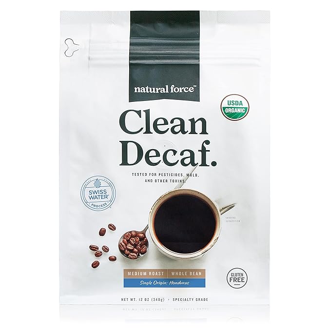 Natural Force - Organic Clean Decaf Coffee, Mold & Mycotoxin Free, Lab Tested for Toxins & Purity, Low Acidity, Whole Bean Swiss Water Decaf Medium Roast, 12 oz