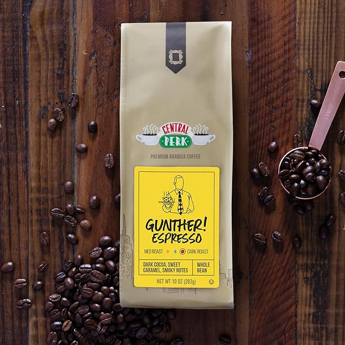 Central Perk Whole Bean Coffee "Gunther Espresso" Blend - Dark Roast, 100% Arabica Coffee Beans with Dark Cocoa, Sweet Caramel, Smoky, Full Body Flavors, 10oz Bag