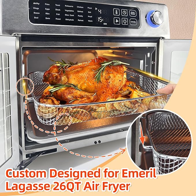 Air Fryer Accessories Compatible with Emeril Lagasse 26 Qt Extra Large, Baking Pans Set with Stainless Steel Baking Sheet Basket, Parchment Paper Teflon Mat for Oven