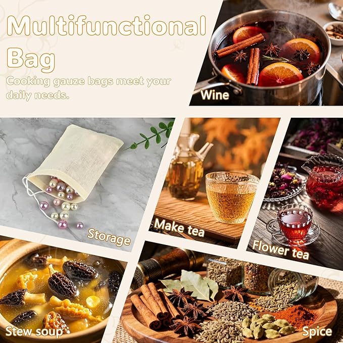 20Pcs Cotton Cooking Spice Bags, 4.25in×3.15in, Soak-Resistant & Boil-Resistant, Strainer Cooking Soups as Spice Bags, Reusable Tea Bags