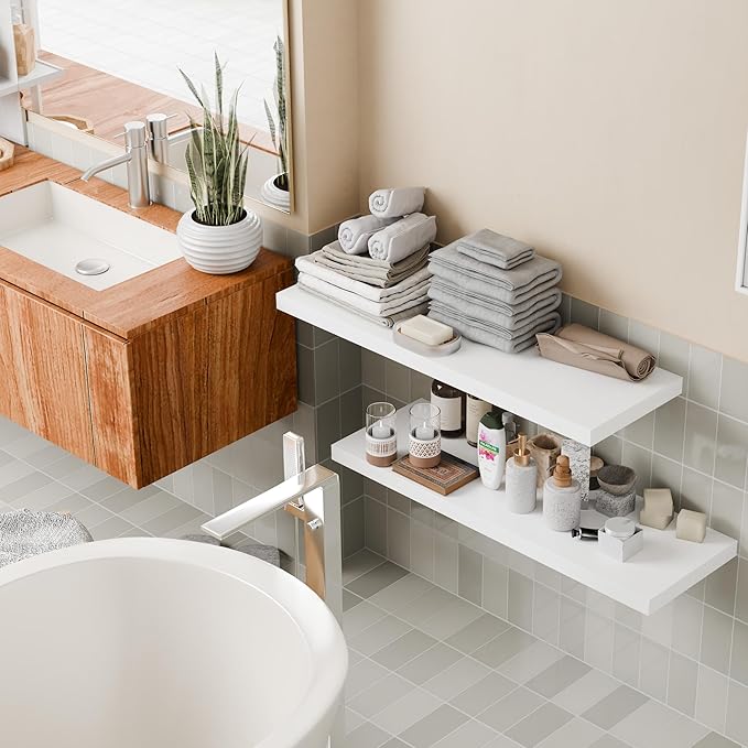 36 Inch Long Floating Shelves for Wall, White 12 Inch Deep Floating Shelves Set of 2, Wall Shelves for Bathroom Over Toilet, Live Edge Display Shelf with Invisible Brackets for Home Decor