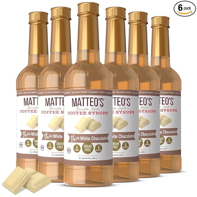 Matteo's White Chocolate Syrup for Coffee, Lattes, Cappuccinos & Desserts – Sugar-Free Sweetener for Beverages, Keto Friendly, Zero Calories, Indulgent Flavor, Non-Alcoholic, 33.8oz (6pk)