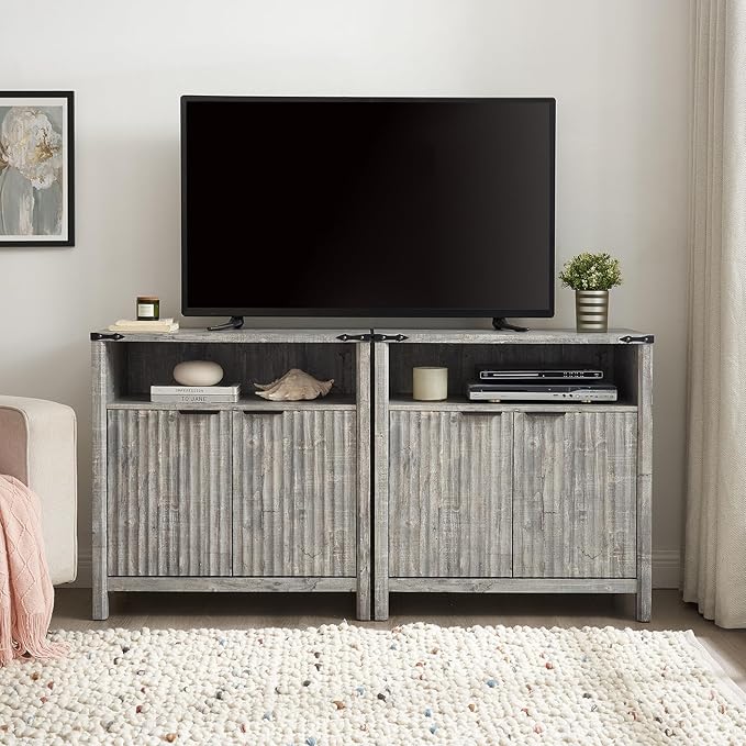 32 Inch Fluted Sideboard Buffet Cabinet with Storage, Modern Farmhouse Accent Credenza with Adjustable Shelves, Coffee Wine Bar Organizer for Kitchen, Entryway, Living Room (Grey)