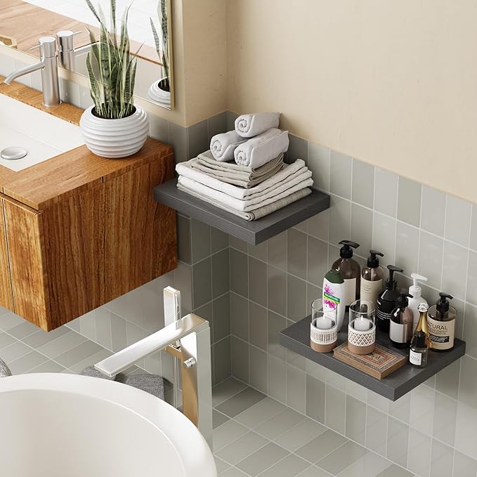 Grey 12 Inch Deep Floating Shelves - Set of 2, Wood Live Edge Shelves for Wall Storage, Bathroom, Bedroom, Kitchen, Office