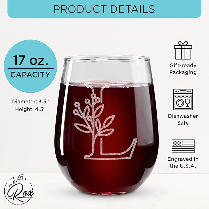 On The Rox Drinks Monogrammed Gifts For Women and Men - Letter A-Z Initial Engraved Monogram Stemless Wine Glass - 17 Oz Personalized Wine Gifts For Women and Men (L)