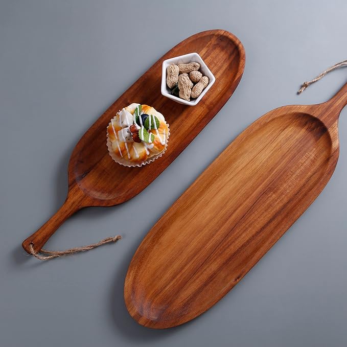 Wooden Serving Tray with Handle 2pcs Serving Plates for Meal Christmas Dinner Plates Wood Cheese Charcuterie Board for Food Meat Acacia Wood Platers for Bread Appetizer Snack(20.5" and 16.5")