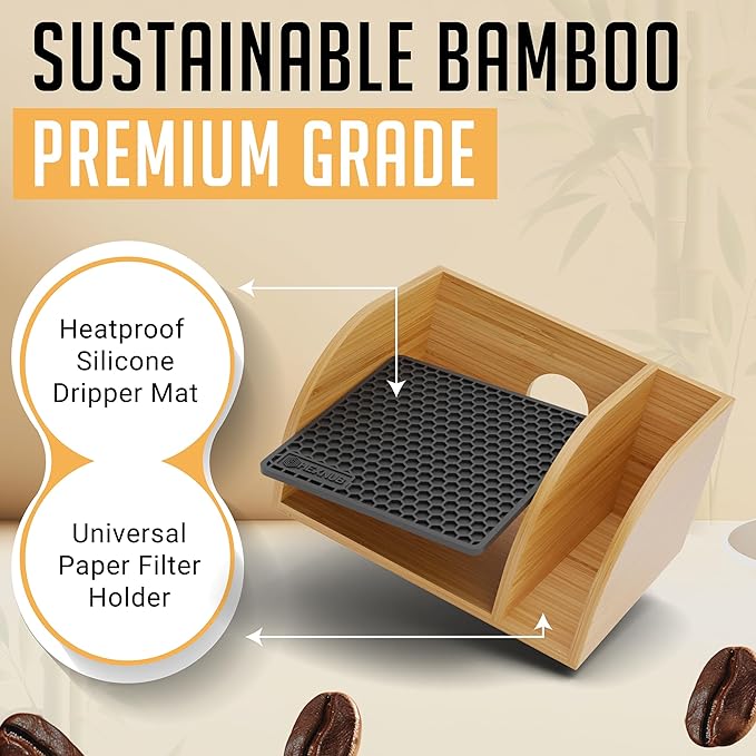 HEXNUB – Caddy for Pour Over Coffee Makers, Bamboo Stand fits Chemex, Bodum, Cosori Carafes, Heatproof Mat, Filter Holder for Coffee Brewing - Black Mat