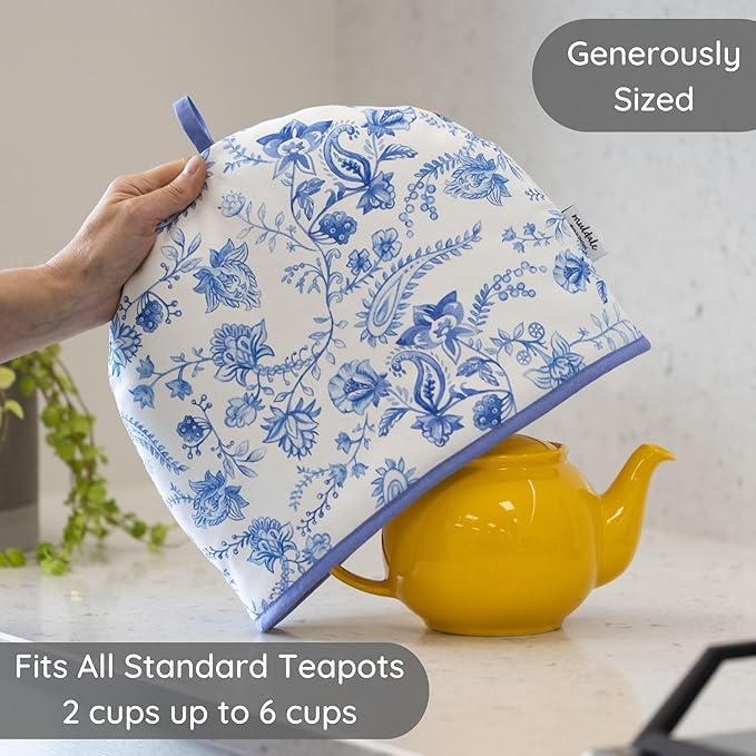 Muldale Large Tea Cozy for Teapot British - 100% Cotton Extra Thick Wadding Tea Pot Cover Designed in England - Insulated Teapot Cozy for English Tea Sets - Vintage Blue Floral