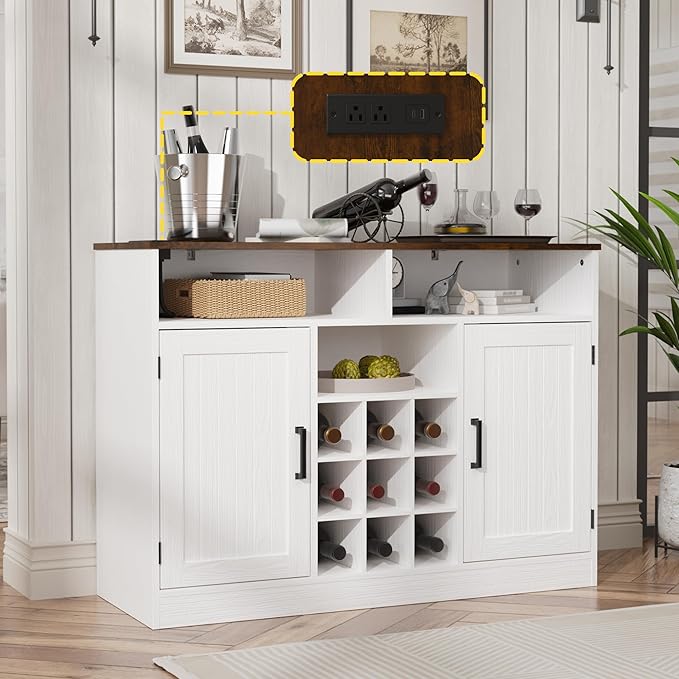 MHOM Farmhouse Buffet Cabinet with Prower Outlets, Rustic Sideboard Buffet with Wine Rack, Wooden Buffet Table for Dining Room, Antique White