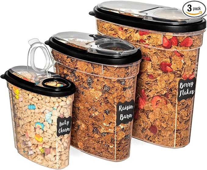 Shazo 3 PC Cereal Container Storage Set (5.2L, 2.8L, 1.2L) - Large Airtight Food Storage Containers with Flip-Top Lids, BPA-Free Plastic Cereal Dispenser for Pantry, Rice, Flour, Sugar & Pasta