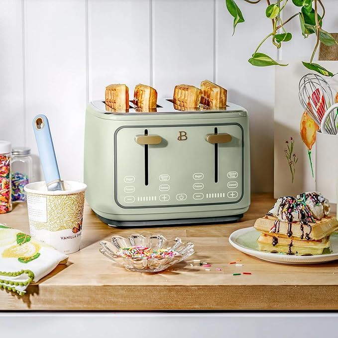 Beautiful 4 Slices Toaster with Touch-Activated Digital Display, Extra Wide Self-Adjusting Slots, Adjustable Shade Control, by Drew Barrymore (Green)