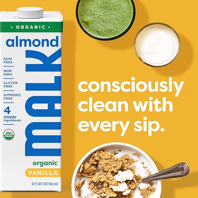 MALK Almond Milk Unsweetened Vanilla (32oz, Pack of 6) - Shelf Stable Organic Almond Milk Vanilla, Non GMO, Whole 30, Dairy Free, Vegan, Plant Based, No Gums or Fillers - Lattes Cereal Coffee Creamer