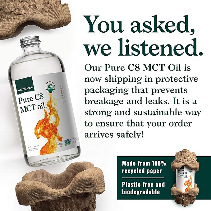 Natural Force Organic Pure C8 MCT Oil – Liquid MCT Oil in Glass Bottle Container – Concentrated Caprylic Acid – Keto, Paleo, Kosher, Vegan & Non-GMO – Lab Tested for Quality and Purity, 32 Ounce