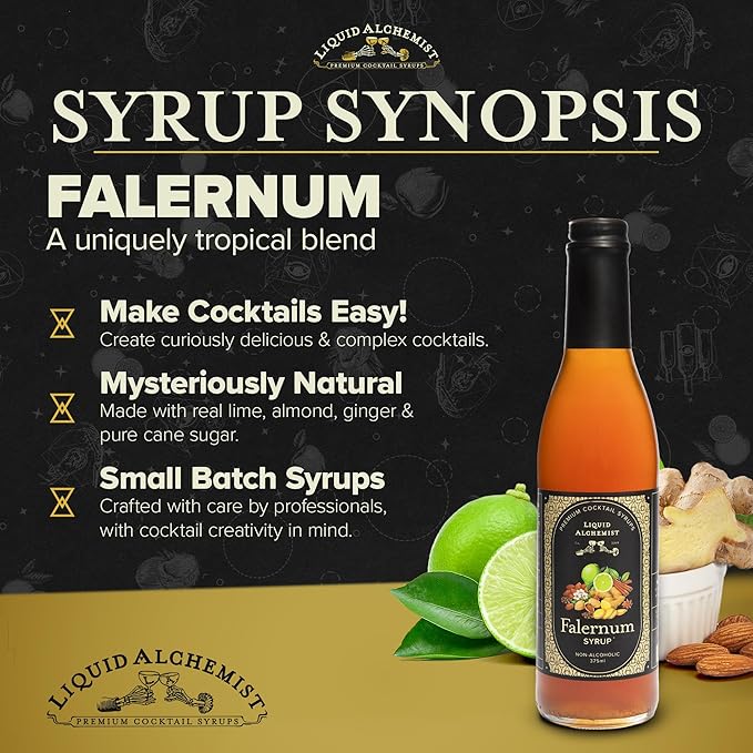 Liquid Alchemist Falernum Syrup for Cocktails - Real Ingredients Make our Falernum Cocktail Syrup a Great Mixer for any Tiki Drink - Our Drink Mixer is Non-GMO Gluten Free & Vegan (12.7 oz)