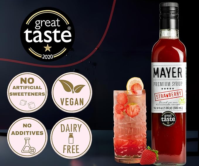 Mayer Premium Hungarian Strawberry Syrup - Award-Winning Artisanal Fruit Syrup, All-Natural, Crafted with 100% Real Fruits, Vegan, Gluten-Free – Perfect Coffee Syrup, Cocktails & Dessert Topping (2 Pack)
