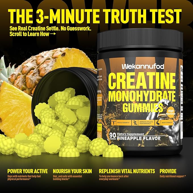 Creatine Monohydrate Gummies for Men & Women - 5,000mg Sugar-Free Creatine Supplement - Exclusive Soft Texture Technology, Non-GMO, (Pineapple - 90 Ct)