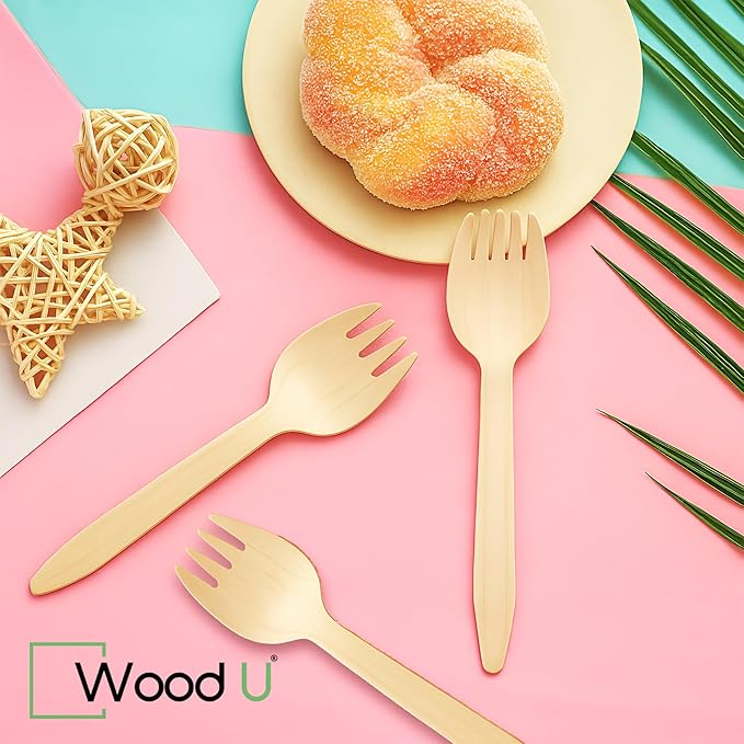 Mini wooden spork disposable Perfect for Dessert, Appetizers, Cocktails, Eco-Friendly spork wood for sample & tasting, Biodegradable & compostable | 100% All-Natural - Pack of 100-4” by WoodU