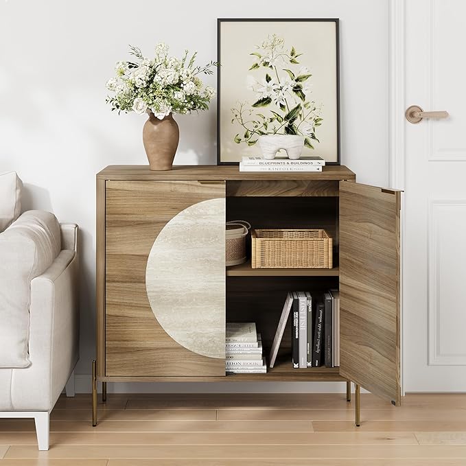 Modern Sideboard Buffet Cabinet, Wood Accent Cabinet with Faux Travertine Inlay & Gold Legs, Storage Cabinet for Dining Room, Living Room, Entryway