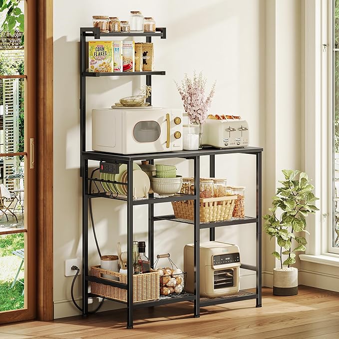 Huuger 31.5 Inch Bakers Rack with Power Outlets, Kitchen Microwave Stand with Storage, Coffee Bar with 4 Hooks, 3-Level Height Open Shelves, Black
